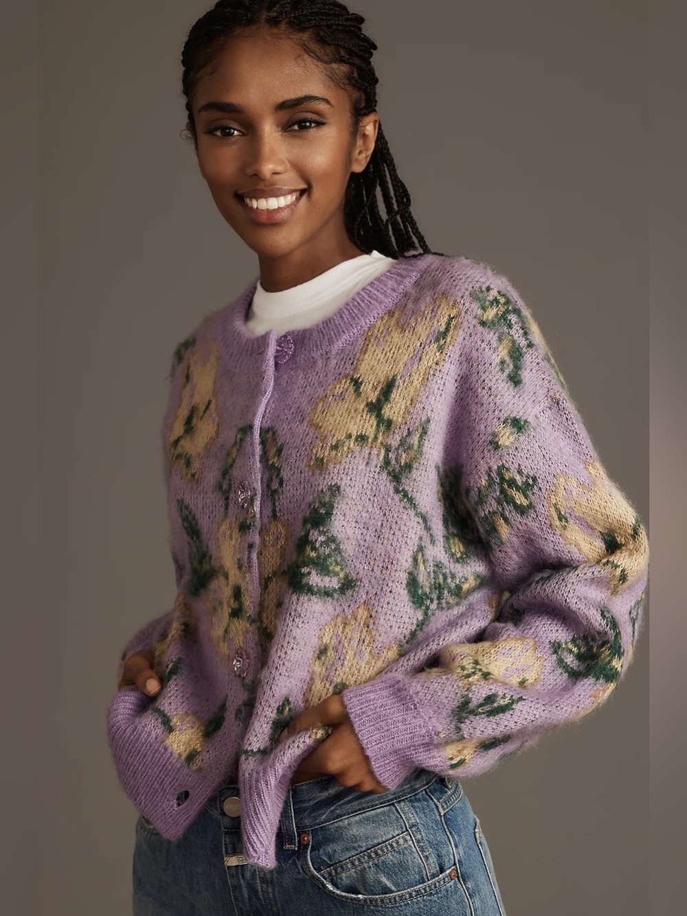 Greylin Lavender Printed Cardigan Sweater | S
